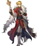  1boy alternate_costume blonde_hair boots eldigan_(fire_emblem) epaulettes feather_boa fire_emblem fire_emblem:_genealogy_of_the_holy_war fire_emblem_heroes full_body fur_trim gloves highres medium_hair official_art polearm solo spear transparent_background weapon yellow_eyes 