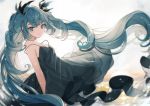  1girl absurdres aqua_eyes aqua_hair bangs bare_arms bare_shoulders black_dress breasts cowboy_shot curly_hair day dress floating_hair from_side hair_ribbon hatsune_miku highres long_hair looking_at_viewer ocean outdoors ribbon shinkai_shoujo_(vocaloid) short_dress sidelocks sky sleeveless smile solo spinel_cranweiss_(artist) strap_slip twintails very_long_hair vocaloid 