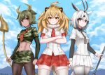  3girls abs animal_costume animal_ears antenna_hair arabian_oryx_(kemono_friends) arms_at_sides aurochs_(kemono_friends) bare_arms big_hair black_hair blonde_hair breast_pocket cat_girl closed_mouth collared_shirt commentary_request cow_ears cow_girl cow_horns cow_tail cowboy_shot crop_top cropped_shirt cuffs dark_skin day earrings empty_eyes expressionless extra_ears fur_collar gazelle_ears gazelle_tail grey_eyes grey_hair highres holding holding_weapon horns jewelry kemono_friends lion_(kemono_friends) lion_costume lion_ears lion_tail long_sleeves looking_at_viewer medium_hair midriff miniskirt multiple_girls navel necktie outdoors pantyhose pencil_skirt plaid plaid_neckwear plaid_skirt plaid_sleeves pleated_skirt pocket polearm red_neckwear riro_(breakthrough_rr) shirt short_over_long_sleeves short_sleeves sidelocks skirt smile standing stomach striped striped_neckwear tail thighhighs toned two-tone_background weapon wing_collar yellow_eyes zettai_ryouiki 