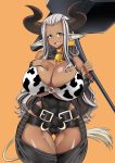  2019 absurd_res animal_humanoid big_breasts bovid bovid_humanoid bovine bovine_humanoid breasts butt_from_the_front camel_toe cattle_humanoid collar cowbell female grey_hair hair hammer hand_on_breast hi_res holding_object holding_weapon horn humanoid looking_at_viewer mammal mammal_humanoid muscular muscular_female muscular_humanoid open_mouth orange_background simple_background smile solo tools virusotaku weapon wide_hips 