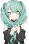  1girl :&lt; absurdres aqua_eyes aqua_hair aqua_nails bangs bare_shoulders black_sweater blush closed_mouth detached_sleeves eyelashes grey_background hair_over_shoulder hatsune_miku highres holding holding_hair long_hair nail_polish solo spinel_cranweiss_(artist) sweater twintails upper_body vocaloid work_in_progress 