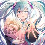  1girl aqua_eyes aqua_hair bangs banned_artist blush commentary_request eyelashes floating_hair flower hair_between_eyes hatsune_miku holding holding_flower long_hair looking_at_viewer nail_polish number open_mouth outstretched_hand pink_flower solo spread_fingers tied_hair tongue very_long_hair vocaloid wide_sleeves yuuka_nonoko 