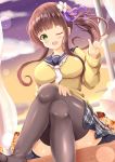  1girl ;d bangs black_sailor_collar blush breasts brown_hair commentary_request crossed_legs curtains eyebrows_visible_through_hair feet_out_of_frame flower gochuumon_wa_usagi_desu_ka? green_eyes grey_legwear grey_skirt hair_flower hair_ornament hair_ribbon highres large_breasts long_hair looking_at_viewer one_eye_closed open_mouth open_window pleated_skirt purple_ribbon ribbon sailor_collar side_ponytail sidelocks sitting sitting_in_window skirt smile solo sunset sweater thighhighs ujimatsu_chiya white_flower white_neckwear window yellow_sweater zenon_(for_achieve) 
