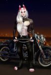  abs anthro better_version_at_source biker black_bottomwear black_clothing black_pants bottomwear canid chain city city_background city_lights cityscape claws clothing colored_nails dantewolfguy detailed_background full-length_portrait hair hi_res horn long_hair male mammal motorcycle multicolored_body nails nipple_barbell nipple_piercing nipples pants piercing portrait sky smile solo standing star vehicle wheels white_hair 