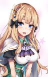  1girl bangs black_bow blonde_hair blue_eyes blush bow breasts elf eyebrows_visible_through_hair hair_bow hair_ornament hasumushi highres large_breasts long_hair looking_at_viewer open_mouth pointy_ears princess_connect! princess_connect!_re:dive saren_(princess_connect!) smile solo 