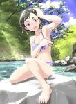  1girl armpits bikini blue_bikini breasts day grass highres idolmaster idolmaster_cinderella_girls looking_at_viewer matsuo_chizuru navel outdoors purple_eyes rock short_hair sky small_breasts solo stream sunlight swimsuit toy-g tree water wet wet_hair 