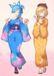  2girls ahoge animal animal_ear_fluff animal_ears animare bangs blonde_hair blue_eyes blue_hair closed_eyes cotton_candy dog_ears eyebrows_visible_through_hair full_body hair_ornament hairclip hat heart heart_hair_ornament highres inaba_haneru_(animare) japanese_clothes kimono kokka_han medium_hair multiple_girls pink_background sandals short_hair smile souya_ichika virtual_youtuber wide_sleeves yukata 