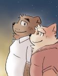  2020 anthro belly black_nose brown_body brown_fur canid canine canis clothing domestic_dog duo fur hi_res kemono male mammal night outside overweight overweight_male shir0anko shirt topwear ursid 