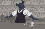  anthro black_body black_eyes black_fur bovid bovine cattle clothed clothing detailed_background fur horn male mammal muscular muscular_anthro muscular_male saruuk smile solo 