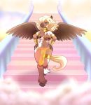 2020 anthro areola blonde_hair blue_eyes breasts brown_body brown_feathers brown_fur ear_piercing equid equine feathers female fur hair hi_res lonbluewolf looking_at_viewer mammal multicolored_body multicolored_fur nipples pegasus piercing solo white_body white_fur wings 
