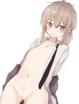  1girl absurdres ahoge areola_slip areolae bangs blush bottomless closed_mouth commentary cowboy_shot eyebrows_visible_through_hair flat_chest girls_frontline grey_hair hair_between_eyes highres m200_(girls_frontline) navel necktie open_clothes open_shirt purple_eyes pussy rogu_(log_264) shirt simple_background solo stomach uncensored white_background white_shirt 