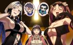  2boys 3girls bangs bare_shoulders beppu_mitsunaka black_dress blood blood_on_face blue_hair blush breasts brown_hair brynhildr_(fate) brynhildr_(swimsuit_berserker)_(fate) center_opening cleavage cloak closed_eyes collarbone consort_yu_(fate) dress eyewear_on_head fate/grand_order fate_(series) glasses grin hair_ornament highres hood hooded_cloak large_breasts long_hair looking_at_viewer memories_with_my_lover multicolored_hair multiple_boys multiple_girls open_mouth osakabe-hime_(fate/grand_order) pink_cloak purple_eyes ribbon-trimmed_dress sigurd_(fate/grand_order) silver_hair smile sunglasses two-tone_hair very_long_hair xiang_yu_(fate/grand_order) yu_miaoyi_(swimsuit_lancer) 
