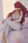  1girl bare_shoulders black_choker bra_strap breasts choker cleavage crossed_legs cutesexyrobutts hair_over_one_eye high_heels highres kirijou_mitsuru large_breasts lips long_hair looking_at_viewer pants persona persona_3 red_eyes red_hair sitting solo sweater thick_thighs thighs white_footwear white_pants white_sweater 