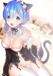  1girl :d absurdres animal_ears bare_shoulders blue_eyes blue_hair blurry blurry_background blush bow breasts breasts_apart cat_ears cat_tail chromatic_aberration commentary eyebrows_visible_through_hair fake_animal_ears frills garter_straps hair_ornament headband highres kazehana_(spica) large_breasts long_sleeves looking_at_viewer maid off_shoulder open_mouth panties paw_pose re:zero_kara_hajimeru_isekai_seikatsu rem_(re:zero) short_hair side-tie_panties sitting smile solo tail thighhighs underwear white_bow white_legwear white_panties wide_sleeves x_hair_ornament 