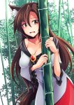 1girl animal_ears ashiroku_(miracle_hinacle) bamboo bamboo_forest breasts brooch brown_hair cleavage collarbone commentary commentary_request dress forest imaizumi_kagerou jewelry large_breasts long_hair long_sleeves looking_at_viewer nature off-shoulder_dress off_shoulder outdoors red_eyes solo tail touhou wide_sleeves wolf_ears wolf_tail 