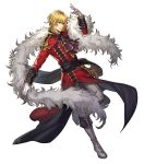  1boy alternate_costume blonde_hair boots dancing eldigan_(fire_emblem) epaulettes feather_boa fire_emblem fire_emblem:_genealogy_of_the_holy_war fire_emblem_heroes full_body fur_trim gloves highres medium_hair official_art solo transparent_background yellow_eyes 