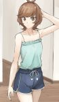  1girl bangs blue_shirt blue_shorts brown_eyes brown_hair closed_mouth collarbone cowboy_shot hand_behind_head highres ribbon rourou_ill shiny shiny_hair shirt short_hair short_shorts shorts sketch sleeveless sleeveless_shirt solo spaghetti_strap standing white_ribbon yuu-gi-ou yuu-gi-ou_vrains zaizen_aoi 