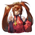  1girl bangs bare_shoulders breasts brown_eyes brown_hair chinese_clothes chinese_text detached_sleeves guilty_gear guilty_gear_x guilty_gear_xx hair_between_eyes hand_on_hip highres kuradoberi_jam long_hair looking_at_viewer medium_breasts open_mouth pointing pointing_up simple_background solo uncle_rabbit_ii upper_body very_long_hair white_background 