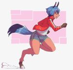  2020 absurd_res anthro blue_hair bottomwear brand_new_animal brown_body brown_fur canid canine clothing dipstick_limbs equid female fur hair hi_res hybrid jacket kittenboogers mammal michiru_kagemori on_one_leg open_mouth raccoon_dog shirt short_hair shorts side_view simple_background solo standing studio_trigger tanuki topwear 