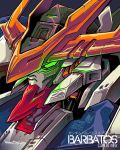  character_name close-up english_commentary glowing glowing_eye glowing_eyes green_eyes gundam gundam_barbatos_lupus_rex gundam_tekketsu_no_orphans highres looking_to_the_side mecha muhammad_firdaus no_humans v-fin 