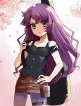  1girl blue_eyes breasts cherry_blossoms closed_mouth collarbone eyebrows_visible_through_hair guitar_case hand_on_hip highres holding honi_hogya instrument_case kirishima_romin long_hair looking_at_viewer miniskirt pants pencil_skirt purple_hair purple_pants red_skirt shiny shiny_hair shoulder_cutout skirt small_breasts solo thigh_strap very_long_hair yuu-gi-ou_sevens 