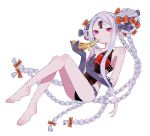  1girl abigail_williams_(fate/grand_order) abigail_williams_(swimsuit_foreigner)_(fate) artist_request bangs bare_shoulders bikini black_bikini black_bow blush bow breasts collarbone double_bun eating fate/grand_order fate_(series) feet food forehead highres keyhole legs long_hair looking_at_viewer multiple_bows orange_bow parted_bangs pizza purple_eyes sidelocks simple_background small_breasts soda_bottle swimsuit third_eye very_long_hair white_background white_hair white_skin 