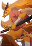  anthro anus butt butt_grab canid canine clothing clothing_aside digital_media_(artwork) fox fur furdo hand_on_butt hi_res katana kurama looking_at_viewer male mammal melee_weapon multi_tail naruto orange_body orange_fur simple_background solo sword tailed_beast teeth underwear underwear_aside weapon 