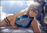  1girl :d absurdres bare_shoulders beach beach_towel black_border blue_bow blue_swimsuit blush border bow breasts collarbone competition_swimsuit fate/grand_order fate_(series) grey_hair hair_bow highres large_breasts lens_flare long_hair looking_back lying multicolored multicolored_clothes multicolored_swimsuit ocean on_side one-piece_swimsuit open_mouth red_eyes scale_(winston98) self_shot shadow smile solo swimsuit thigh_strap tomoe_gozen_(fate/grand_order) tomoe_gozen_(swimsuit_saber)_(fate) towel twitter_username very_long_hair white_swimsuit 