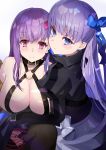  2girls absurdres belt_collar boots breasts claws collar crotch_plate eyebrows_visible_through_hair fate/extra fate/extra_ccc fate/grand_order fate_(series) hair_ribbon highres huge_breasts long_hair long_sleeves looking_at_viewer meltryllis multiple_girls navel o-ring o-ring_top passionlip purple_hair red_ribbon ribbon same_(sendai623) 