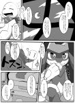 ambiguous_gender anthro baby_pok&eacute;mon blue_body charmander comic digital_media_(artwork) duo eating fire flaming_tail fur hi_res japanese_text mammal monochrome nintendo open_mouth orange_body orange_skin pok&eacute;mon pok&eacute;mon_(species) pok&eacute;mon_mystery_dungeon reptile riolu satsuki_rabbit scalie text translation_request video_games 