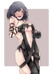  1girl alternate_costume black_dress black_hair blush consort_yu_(fate) consort_yu_(fate)_(cosplay) cosplay cowboy_shot dress embarrassed fate/grand_order fate_(series) grey_background kantai_collection looking_at_viewer nose_blush open_mouth red_eyes shohei_(piranha5hk) short_hair solo two-tone_background upper_teeth white_background yamashiro_(kantai_collection) 