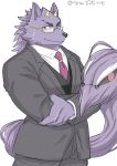  anthro bathym canid canine canis clothing demon eyewear fur glasses hi_res horn male mammal muscular muscular_anthro muscular_male necktie purple_body purple_fur solo srw225we suit tokyo_afterschool_summoners video_games wolf 