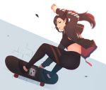  1girl ass black_hair breasts earrings elezen elf final_fantasy final_fantasy_xiv hair_between_eyes highres hilda_(ff14) hybrid hyur jacket jewelry koyorin long_hair looking_at_viewer medium_breasts midriff motion_blur open_clothes open_jacket pointy_ears ponytail red_eyes skateboarding solo 