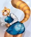  aggressive_retsuko ailurid anthro bent_over big_breasts big_butt blush breasts butt clothed clothing female fur grey_background hi_res holding_object holding_paper looking_at_viewer looking_back mammal meowowo nipple_outline open_mouth orange_body orange_eyes orange_fur paper rear_view red_panda retsuko sanrio simple_background solo standing thick_thighs wide_hips 