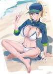  1girl absurdres artoria_pendragon_(all) aya_(user_ddya7452) barefoot baseball_cap bikini blue_jacket breasts cleavage commentary_request cropped_jacket fate/grand_order fate_(series) hat highres iindian_style jacket large_breasts looking_at_viewer mysterious_heroine_xx_(foreigner) shrug_(clothing) side-tie_bikini smile solo swimsuit v white_bikini 