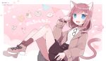  +_+ 1girl :3 :d animal_ears bad_id bad_pixiv_id bell black-framed_eyewear black_choker blue_eyes blush_stickers brown_coat brown_footwear brown_hair brown_skirt brown_socks candy cat_ears cat_girl cat_tail choker chon_(chon33v) coat commentary_request commission compact_(cosmetics) eyewear_hang fish_hair_ornament food glasses hair_ornament hand_up highres jingle_bell lipstick lollipop looking_at_viewer makeup mirror nail_polish neck_bell open_clothes open_coat open_mouth original pennant pleated_skirt red_nails shoes skirt smile socks solo string_of_flags swirl_lollipop tail translation_request unworn_eyewear watch wristwatch 