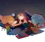  3girls animal_ears arknights bag_of_chips bear_ears blonde_hair blue_hair brown_hair candy cellphone favilia food gummy_(arknights) headphones istina_(arknights) lying multiple_girls nintendo_switch on_stomach phone pillow sky sleeping smartphone star_(sky) starry_sky stuffed_animal stuffed_toy teddy_bear under_covers zima_(arknights) 