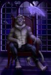  5_fingers 5_toes abs anthro areola black_areola black_nipples bottomwear chair claws clothed clothing dantewolfguy detailed_background facial_scar felid fingers front_view fur furniture grin hi_res light lion long_tail male mammal mane moon moonlight multicolored_body multicolored_fur muscular muscular_anthro muscular_male nipples pantherine pants paws scar sitting sky small_tail smile snout solo teeth throne throne_room toes topless white_mane window 
