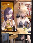  2girls :t anger_vein artoria_pendragon_(all) bangs bare_shoulders black_dress blonde_hair burger_king chair cheese closed_eyes collarbone commentary_request container crossed_legs cup detached_sleeves dress drinking_straw eating elbow_gloves eyebrows_visible_through_hair fate/stay_night fate_(series) food french_fries gloves hair_ribbon half-closed_eyes hamburger hand_on_table highres holding holding_food long_hair looking_down matou_sakura medium_request menu_board multiple_girls poster_(object) purple_hair ribbon saber_alter saint_quartz salad sitting smile soda suou-sensei sweater_vest table whopper wooden_chair 