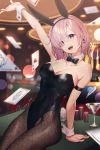  1girl 2020 animal_ears arm_support armband bare_shoulders blurry blurry_background bow bowtie breasts bunny_ears bunny_tail bunnysuit card casino cleavage collarbone commentary_request covered_navel dated detached_collar earrings eyebrows_visible_through_hair eyes_visible_through_hair fate/grand_order fate_(series) fishnet_legwear fishnets hair_over_one_eye highres jewelry leotard lucidsky mash_kyrielight medium_breasts open_mouth pantyhose pink_hair purple_eyes short_hair signature sitting sleeveless solo strapless strapless_leotard tail teeth tongue wrist_cuffs 