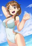  1girl absurdres blue_sky breasts brown_eyes brown_hair casual_one-piece_swimsuit clenched_hand cloud commentary_request cowboy_shot day earrings eyewear_on_head highres horizon idolmaster idolmaster_cinderella_girls jewelry katagiri_sanae large_breasts low_twintails o-ring o-ring_swimsuit ocean one-piece_swimsuit open_mouth outdoors popopo short_twintails sky smile solo sunglasses swimsuit teeth twintails white_swimsuit 