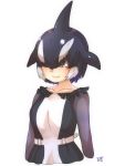  1g arms_at_sides artist_logo bangs belt black_hair blowhole brown_eyes closed_mouth cropped_arms cropped_torso dorsal_fin dress frills grey_hair hair_over_one_eye head_fins highres kemono_friends long_sleeves multicolored_hair orca_(kemono_friends) parted_bangs purple_hair short_hair simple_background smile solo thin_(suzuneya) upper_body white_background 