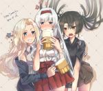  3girls beer_mug black_neckwear blonde_hair blush cup dark_green_hair hair_ribbon hairband headband himeyamato hornet_(kantai_collection) jacket japanese_clothes kantai_collection long_hair mug multiple_girls necktie open_mouth ribbon shirt shoukaku_(kantai_collection) silver_hair skirt sleeveless sleeveless_shirt twintails zuikaku_(kantai_collection) 