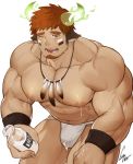  1boy abs animal_ears bangs bara brown_hair bulge chest cow_boy cowboy_shot facial_hair forked_eyebrows glowing_horns goatee gomtang horns jockstrap male_focus male_lactation manly milk muscle navel nipples one_eye_closed pectorals short_hair sportswear thick_eyebrows tokyo_houkago_summoners underwear underwear_only w wakan_tanka white_background 