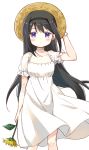  1girl akemi_homura bangs black_hair black_hairband brown_headwear choker dress expressionless eyebrows_visible_through_hair flower frilled_sleeves frills hairband hand_on_headwear hat highres holding holding_flower light_blush long_hair looking_at_viewer mahou_shoujo_madoka_magica medium_dress purple_eyes simple_background solo standing straw_hat tsubaki_(tatajd) white_background white_choker white_dress wind yellow_flower 