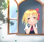  1girl bangs black_vest blonde_hair blush commentary_request cravat elbow_rest eyebrows_visible_through_hair from_outside hair_ribbon head_in_hand highres leaf looking_at_viewer looking_out_window open_window red_eyes red_neckwear ribbon rody_(hayama_yuu) rumia shiny shiny_hair shirt short_hair short_sleeves smile solo touhou vest white_shirt wind window 