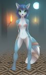  5_fingers absurd_res anthro areola black_nose blue_body blue_fur blue_hair breasts canid canine detailed_background female fingers fox fur genitals green_eyes hair hi_res krystal looking_at_viewer mammal navel nintendo nipples nude piranha_fish pussy smile solo star_fox video_games 