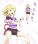  1girl air_guitar black_choker black_shorts blonde_hair choker commentary_request determined eyelashes flower hair_flower hair_ornament japanese_clothes kanzashi kimono long_hair looking_at_viewer love_live! love_live!_sunshine!! multiple_views my_mai_tonight nib_pen_(medium) obi obijime ohara_mari oitsuki_(getsumen_diver) ponytail sash short_hair short_kimono short_shorts short_sleeves shorts traditional_media v-shaped_eyebrows wristband yellow_eyes 