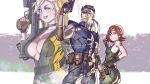  1boy 2girls ass bandana blonde_hair breasts brown_hair cigarette cleavage commission denim fingerless_gloves gloves gun handgun highres jeans large_breasts meryl_silverburgh metal_gear_(series) metal_gear_solid mila_the_mute multiple_girls pants red_hair rifle small_breasts smoking sneaking_suit sniper_rifle sniper_wolf solid_snake tank_top tattoo trigger_discipline weapon 