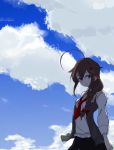  1girl absurdres ahoge blue_eyes braid brown_hair cloud cloudy_sky hair_ornament highres kantai_collection necktie neve red_neckwear shigure_(kantai_collection) single_braid sky smile solo 